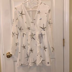 Long sleeve white sequins dress